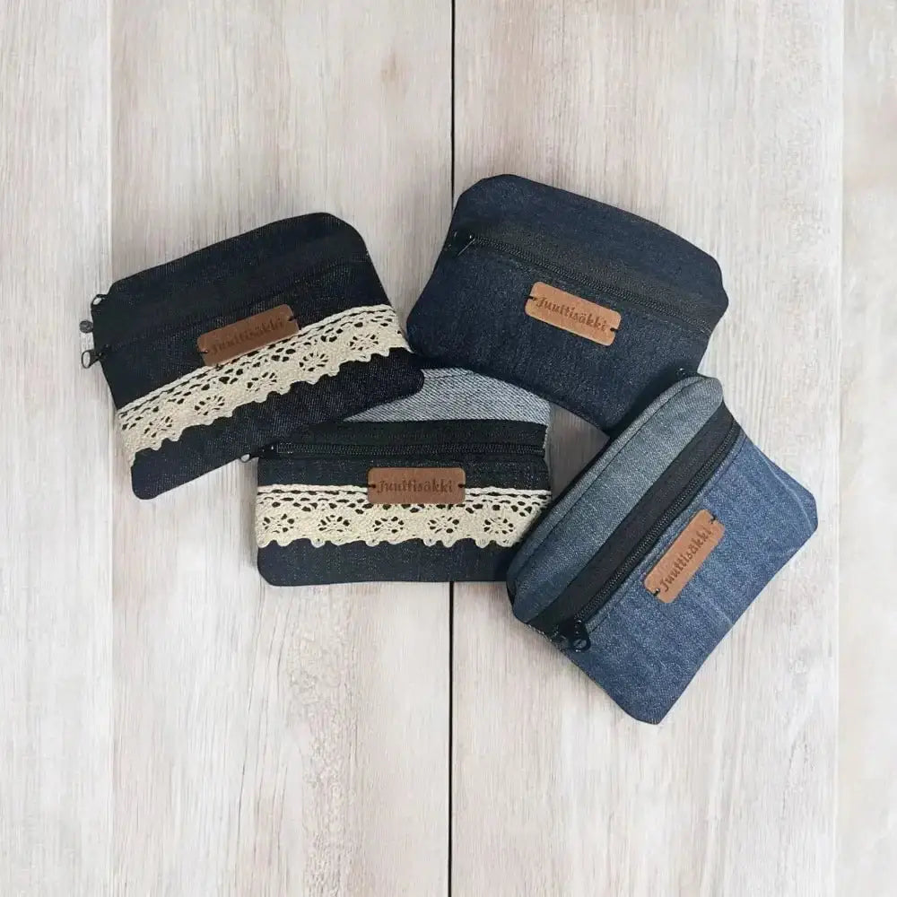 Denim farkkukukkaro kerma pitsireunuksella ja nahkaisella brändilapulla