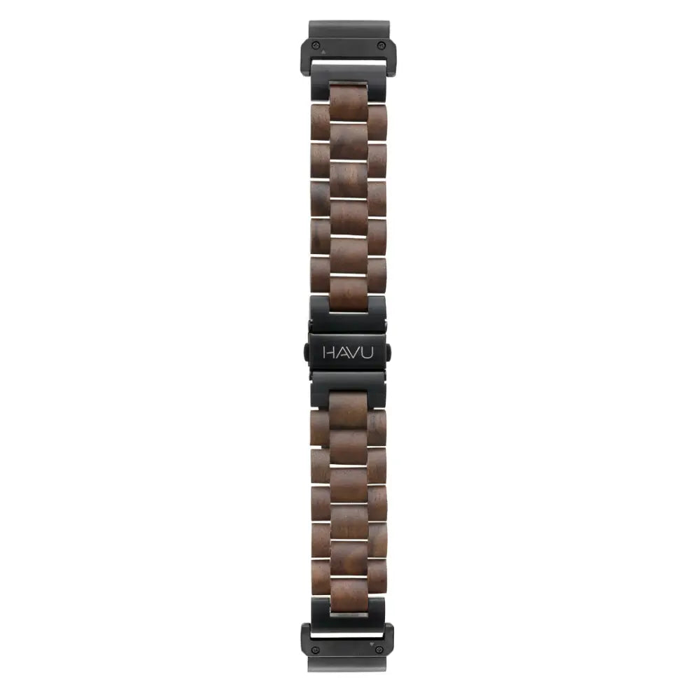 Garmin quickfit puinen ranneke pähkinäpuu tumman ruskea puinen ranneke mustalla metallisoljella ja havu-brändäyksellä
