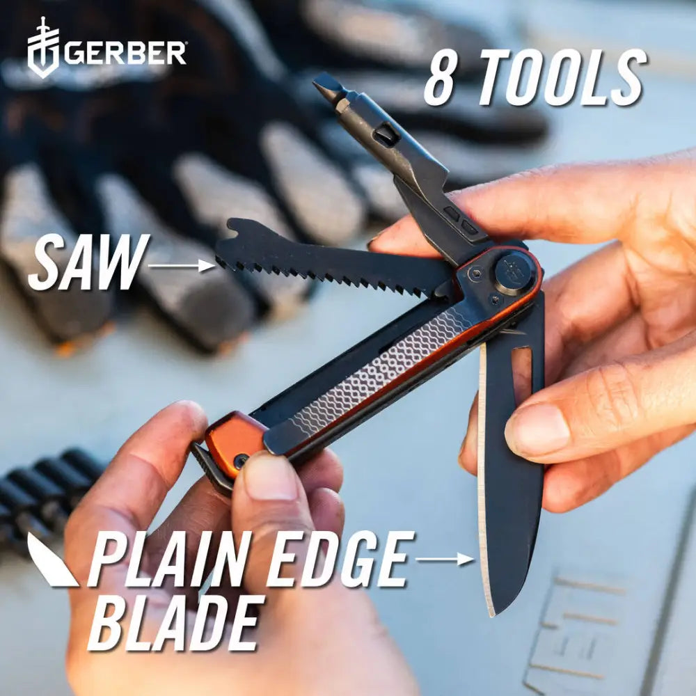 Gerber armbar trade orange 16l musta-oranssi monitoimityökalu kahdeksalla työkalulla sahalaitaisella ja suorareunaisella veitsellä