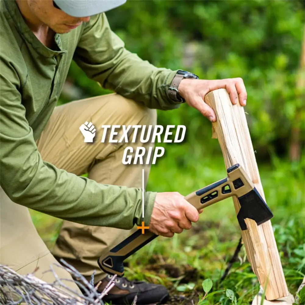 Gerber bushcraft hatchet tan and black tactical axe with textured grip handle for outdoor survival use