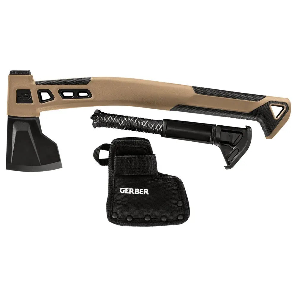 Tan ja musta gerber bushcraft-hatchet taktiikka- kirves teksturoitulla kahvalla ja mustalla tuppeella