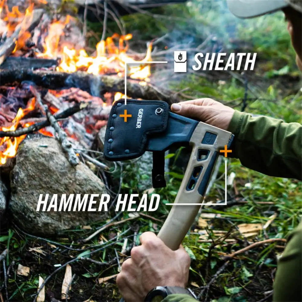 Gerber bushcraft hatchet tan and black handle hammer head axe with durable black sheath for outdoor use