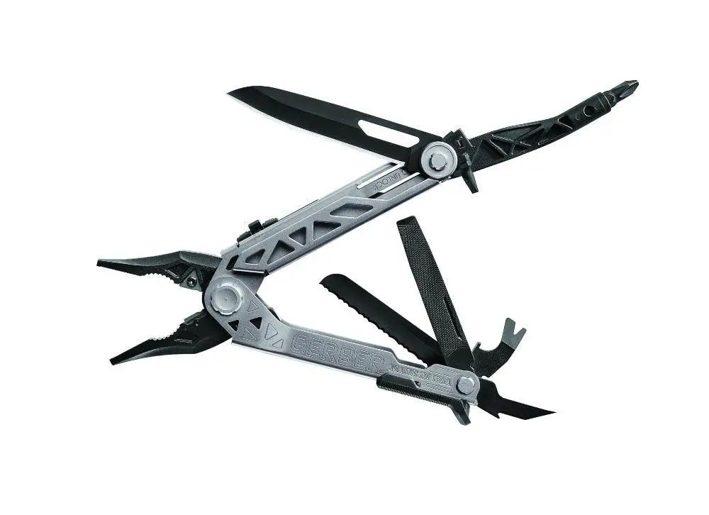 Gerber center-drive multi-tool monitoimityökalu musta ja hopea teksturoidulla kahvalla avoimena useilla työkaluilla