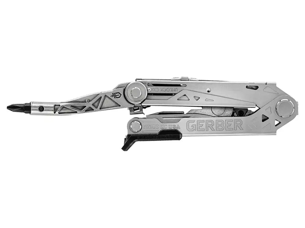 Silver gerber center drive plus multitool with sleek textured design and black accents for versatile use