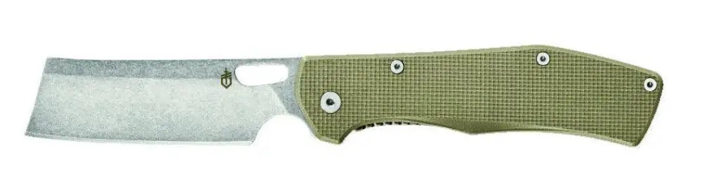 Gerber flatiron folding cleaver g10 olive green textured handle with silver rivets and matte stainless steel blade