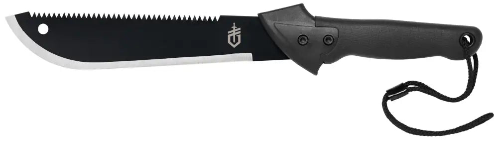 Gerber gator machete jr survival-miekka mustakahvaisella sahateräisellä terällä ja hopealogolla kahvassa