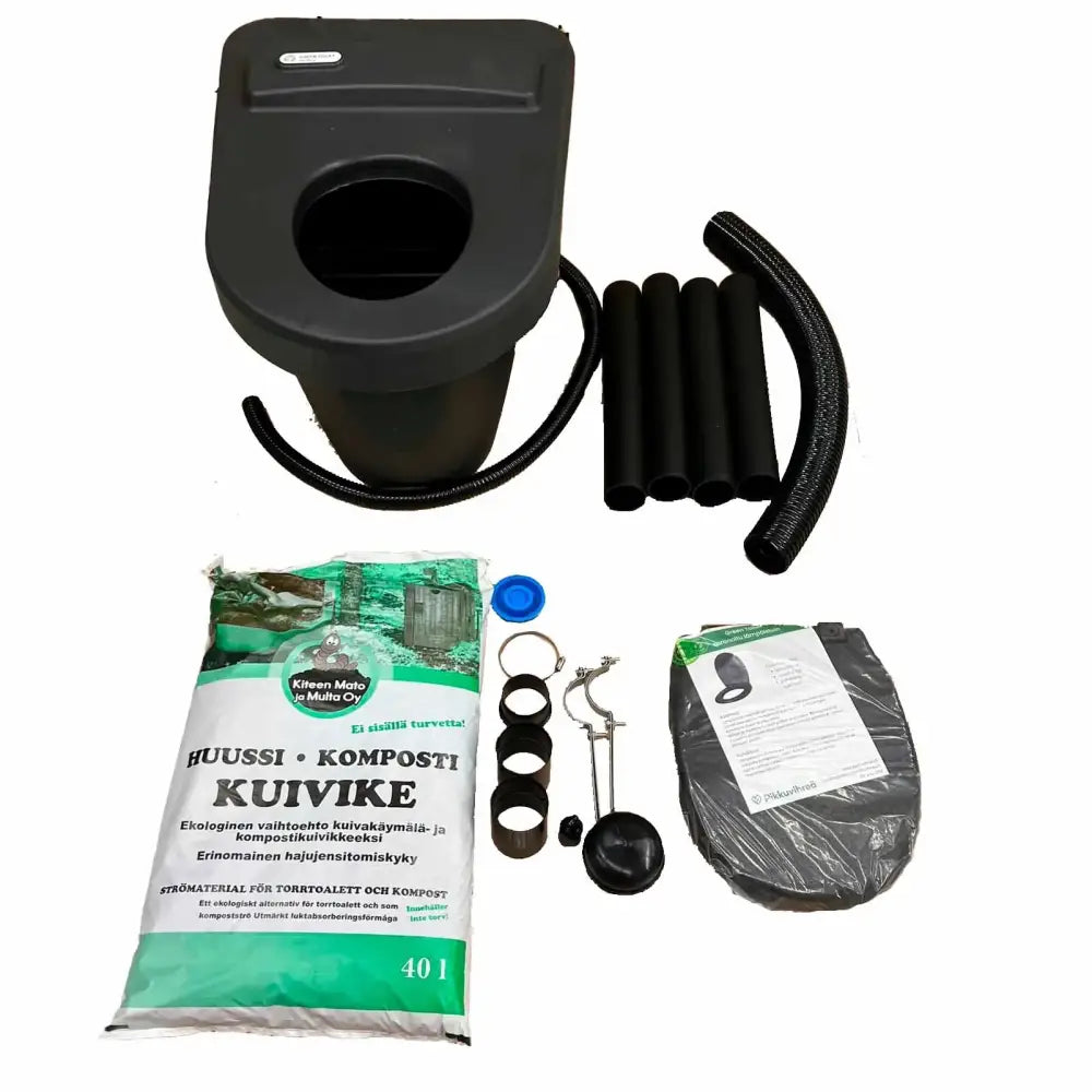 Black plastic green toilet 100 easy kompostikäymälä takapuoli joustavilla mustilla letkuilla ja liittimillä