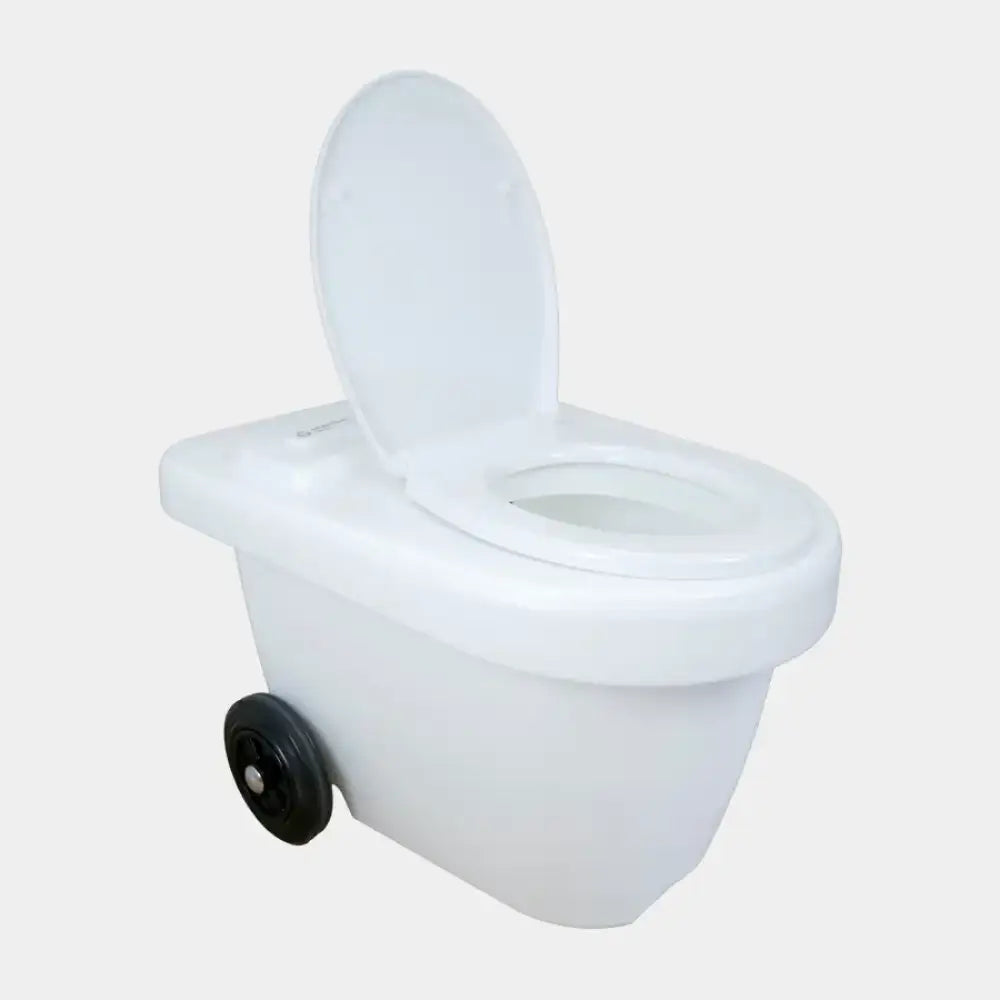 Valkoinen green toilet 100 easy kompostikäymälä siirrettävällä mustalla pyörällä ja saranoidulla kannella