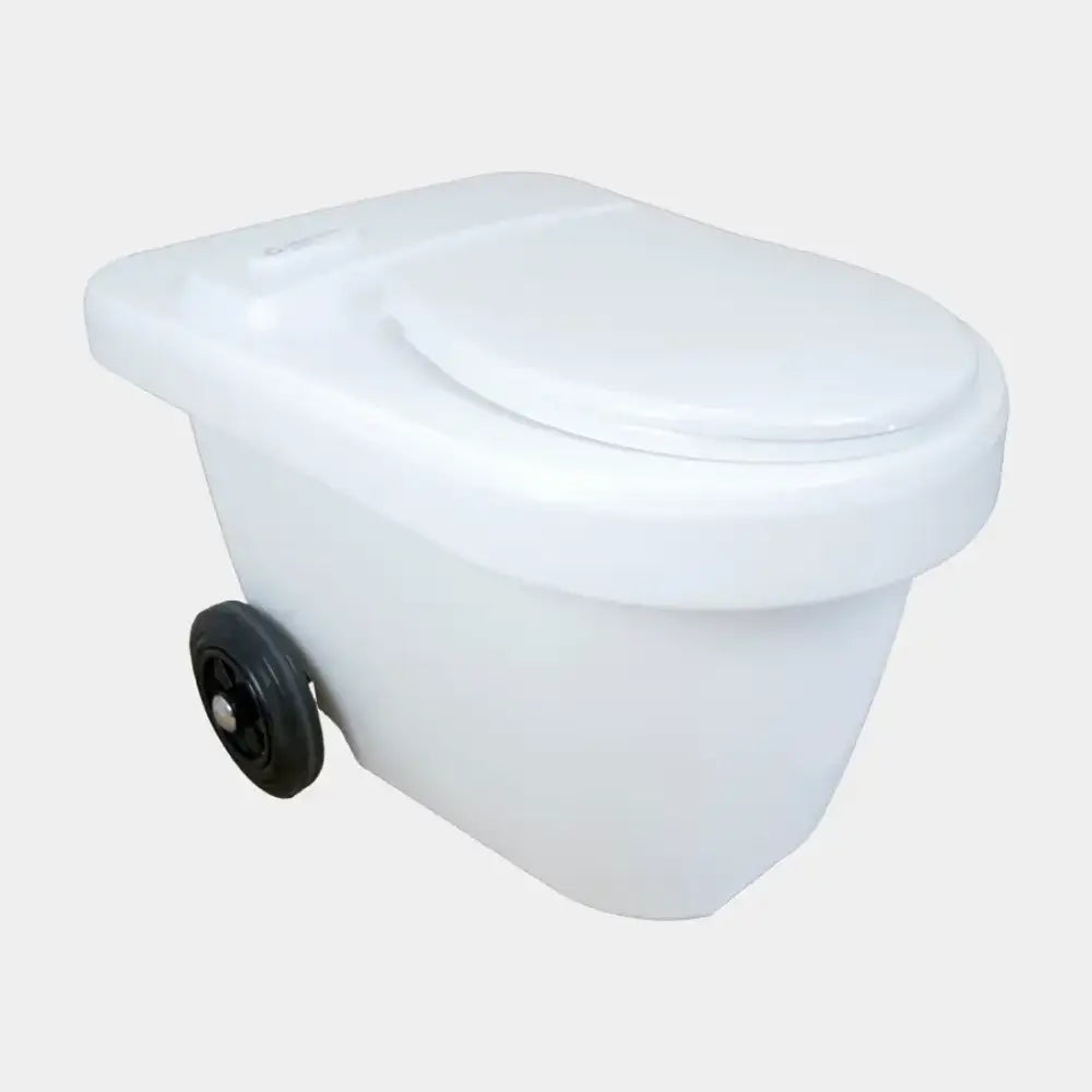 Valkoinen muovinen pyörällinen roskakori kippi kannella green toilet 100 easy kompostikäymälään