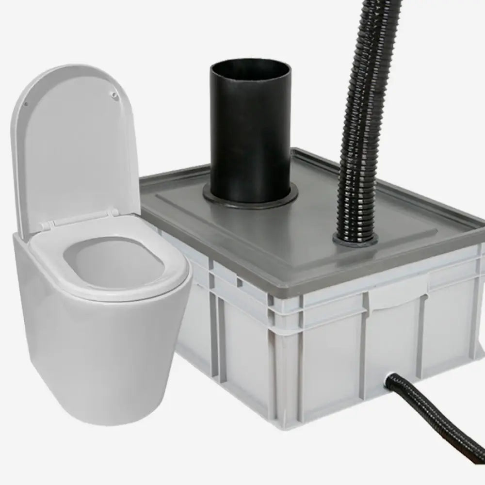 Harmaa muovinen green toilet lux kasetti sisäkuivakäymälän takapäin näkyvä säiliö mustilla putkiliitännöillä