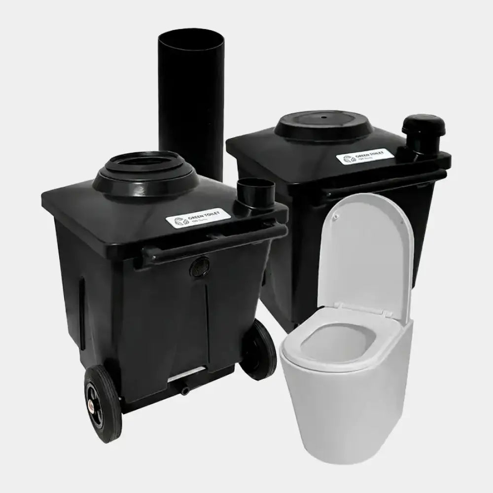 Mustat pyörälliset muovikuivakäymäläyksiköt valkoisella posliinisella istuimella green toilet lux kuivakäymälää varten