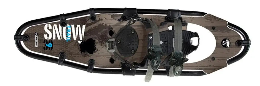 Ruskean ja mustan värinen puukuviollinen gv snow trail 10 x 36 lumikenkiä, jossa valkoinen snow-teksti kyljessä