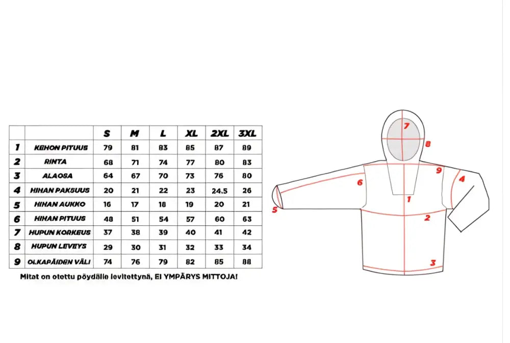 Wildpoint ulkohupparin kokotaulukko diagrammi mittausmerkinnöillä haghus hirvikärpästakki tuotteelle