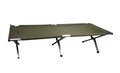 Olive green canvas folding cot with silver metal frame and black rubber feet haghus retkisänky 190x64x42cm