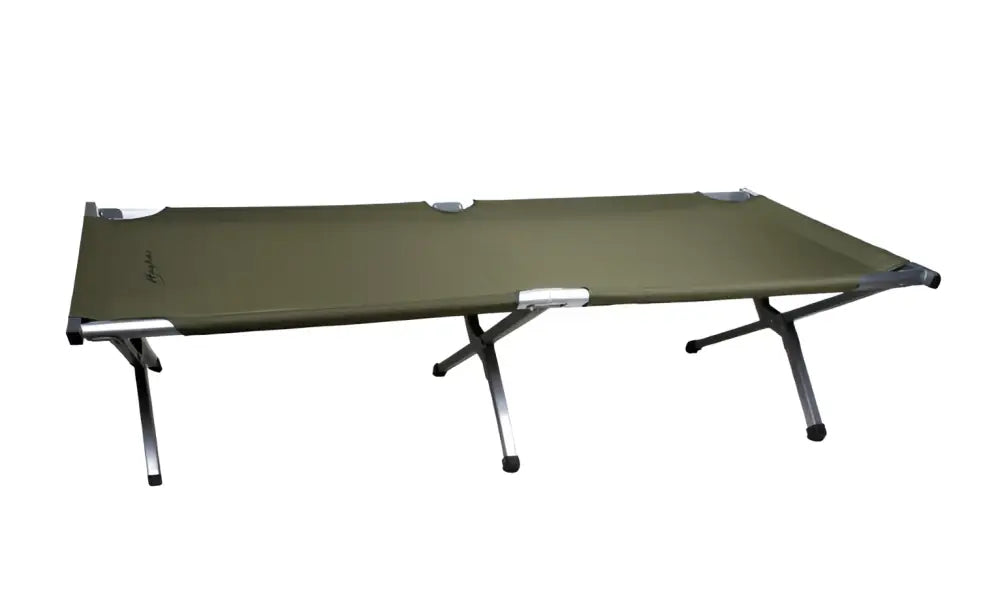 Olive green canvas folding cot with silver metal frame and black rubber feet haghus retkisänky 190x64x42cm