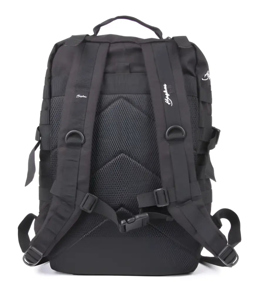 Haghus tactical reppu 35l musta taktinen reppu mesh-selkäosalla ja säädettävillä remmeillä näkymä takaa
