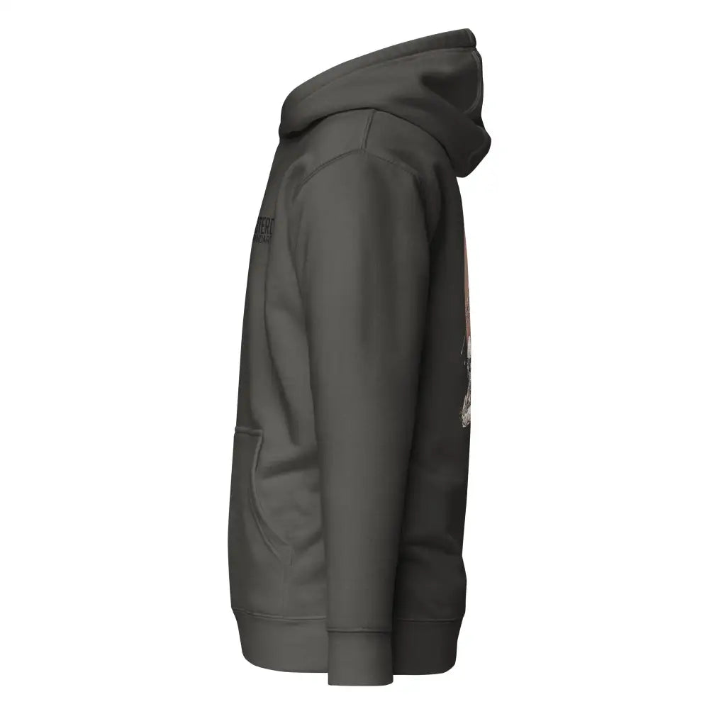 Dark gray hooded sweatshirt happy hunting huppari with subtle graphic print on the side in a comfortable fabric