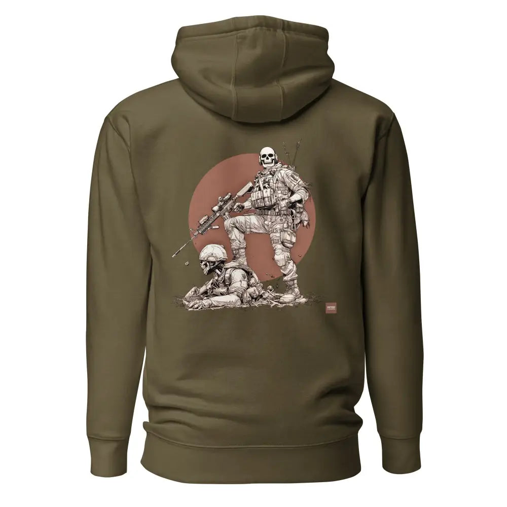 Olive green happy hunting huppari, jossa mustavalkoinen piirros kahdesta luurangosotilaasta takana