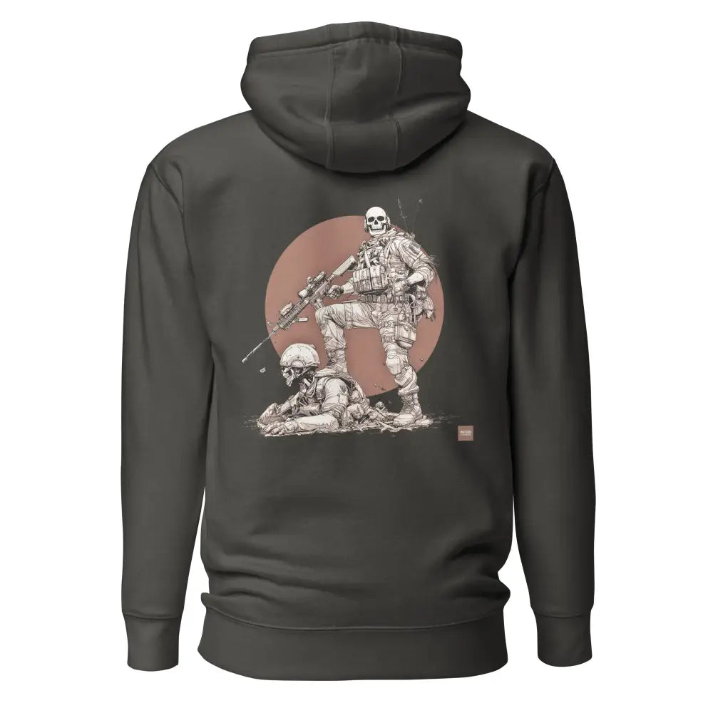 Dark gray hoodie happy hunting huppari with detailed black and white illustration of two skeleton soldiers on back