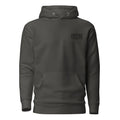 Dark gray cotton happy hunting huppari with subtle potero standard logo and silver metal eyelets at the hood