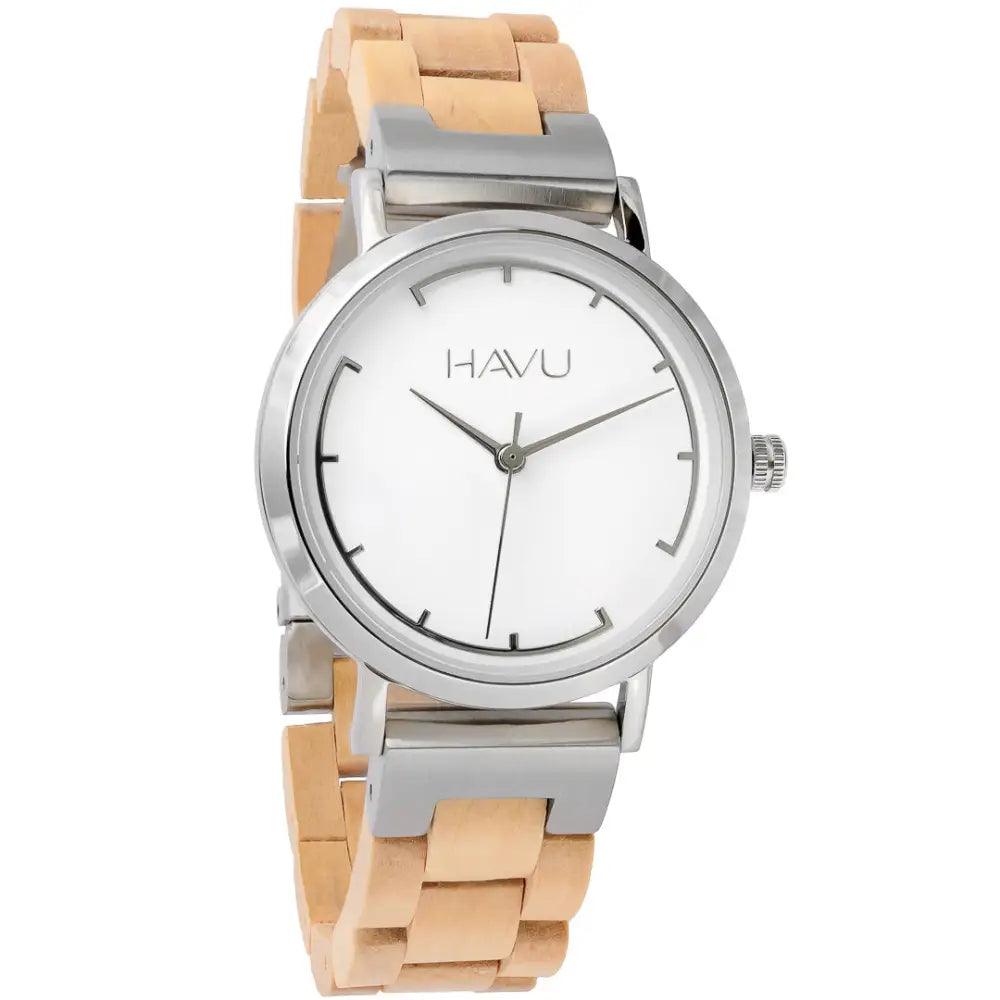 Havu watches kielo puinen rannekello vaaleanruskealla bambu rannekkeella ja hopeanvärisillä metalliosilla