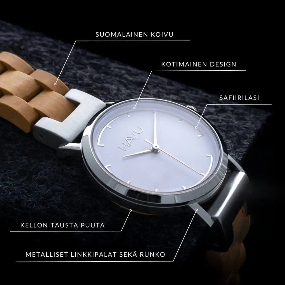 Minimalistinen havu watches kielo puinen rannekello vaalealla puu- ja hopeanvärisellä metallirannekkeella valkoisella kellotaululla