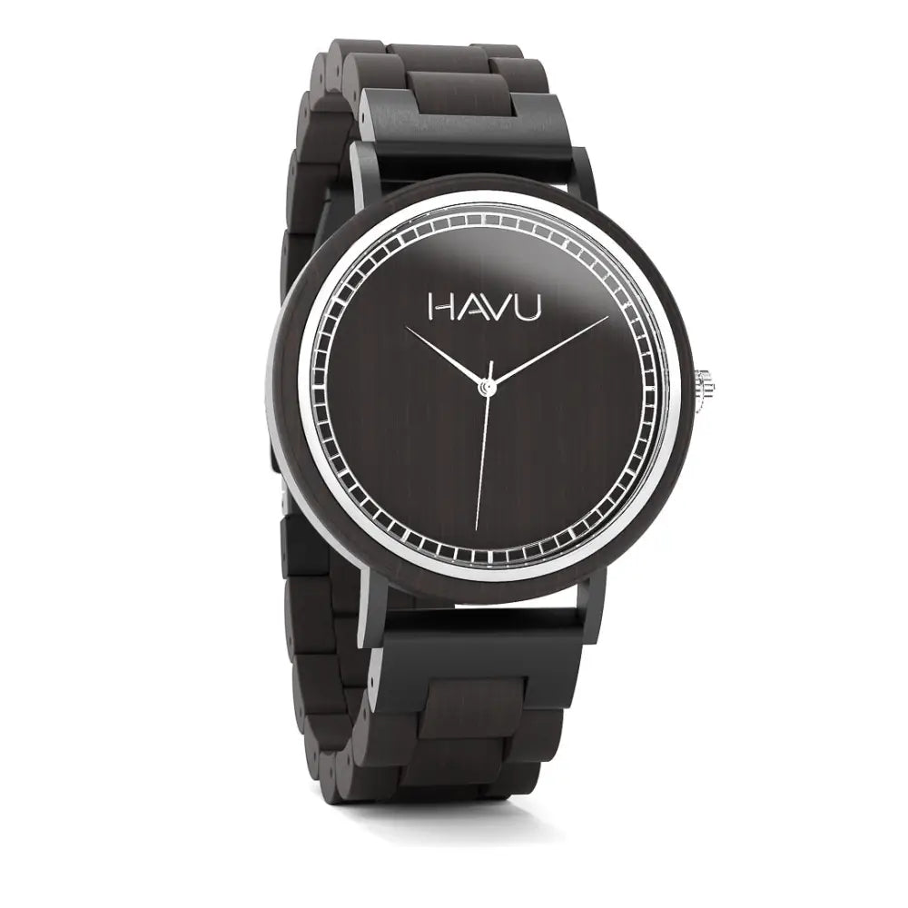 Havu Watches Virta 38mm musta havu puinen rannekello minimalistisella designilla ja hopeansävyisillä yksityiskohdilla