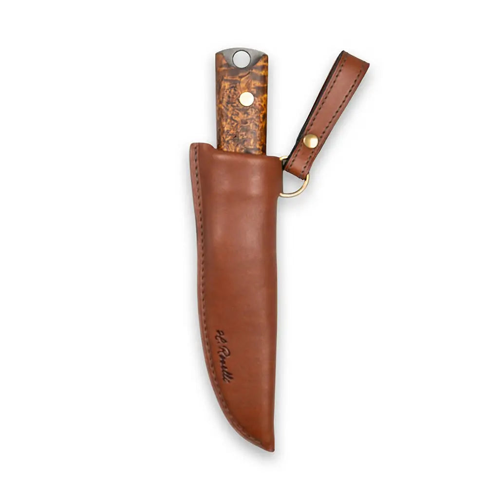 Heimo 4” bushcraft-versio täyspitkä puukko ruskeassa nahkatuppessa messinkipintaisella kahvalla ja marmoroidulla puukahvalla