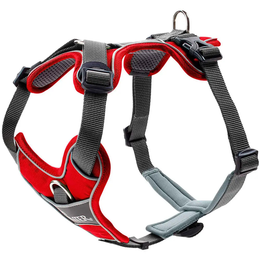 Hunter koiran valjas divo red and gray dog harness with black plastic buckles and mesh padding shown from the back side