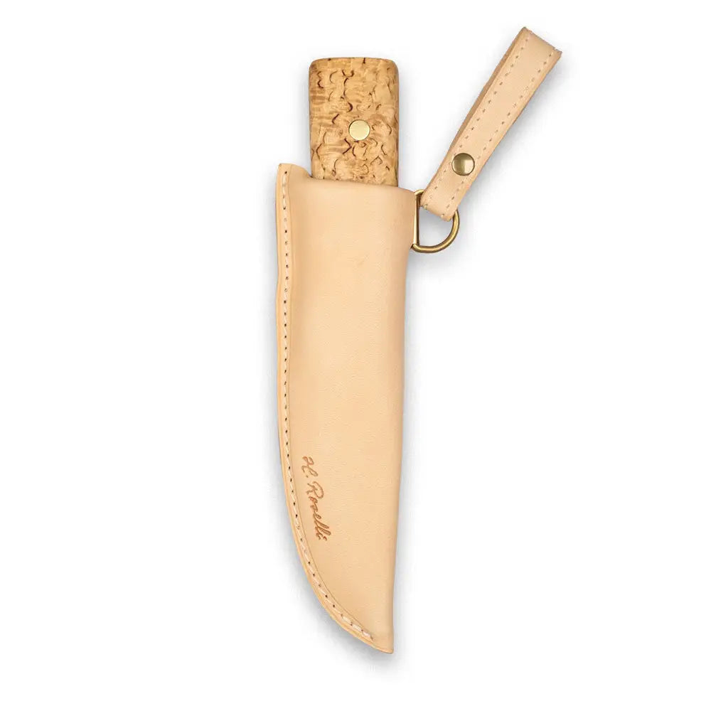 Hunting knife full tang tan leather sheath with brass buckle and cork handle embossed floral pattern