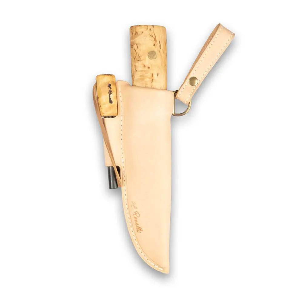 Hunting knife full tang vaaleanruskea nahkatuppi korkkikahvalla ja messinkisillä metalliosilla