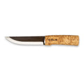 A hunting knife long with a sleek curved blade and a natural cork handle engraved with signature p