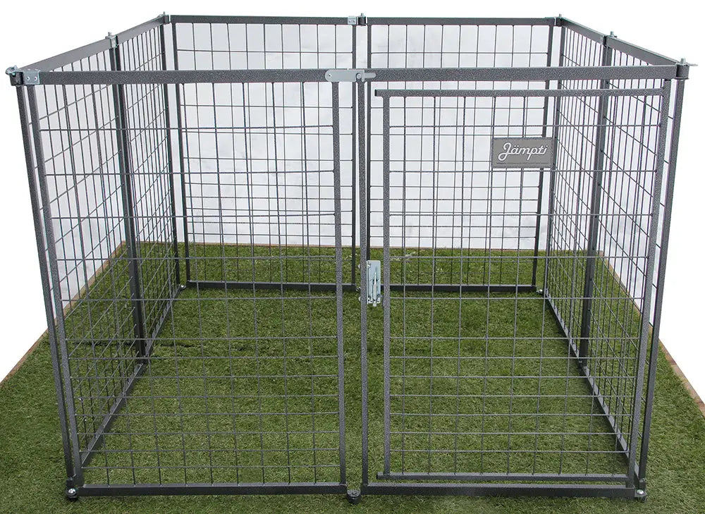 Gray metal wire mesh dog kennel with double-door entrance and jämtli plaque product jämp­ti retkitarha 138 x 138 cm