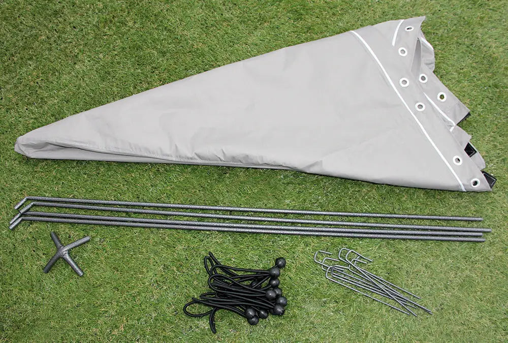 Gray fabric canopy Jämpti Retkitarha 138 x 138 cm with white stitching reinforced eyelets metal poles stakes and cords