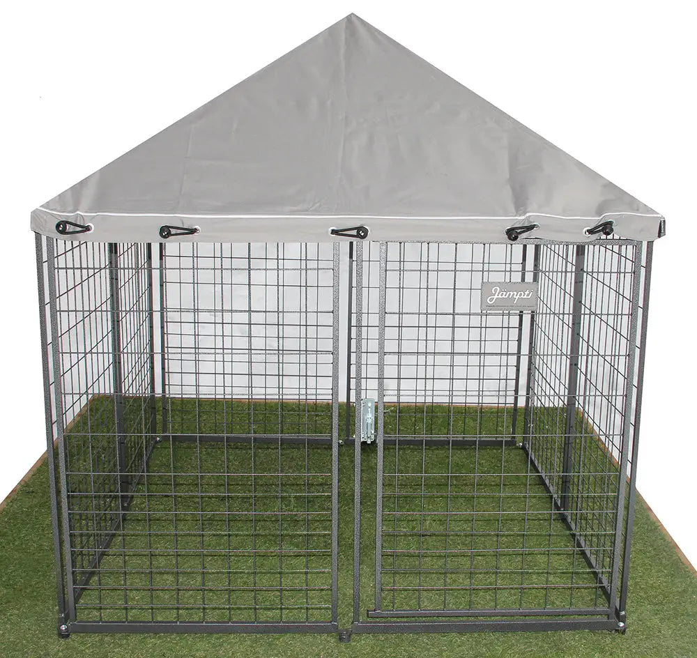 Gray fabric roofed metal dog run with jampet brand label on the side in jämtpí retkitarha 138 x 138 cm