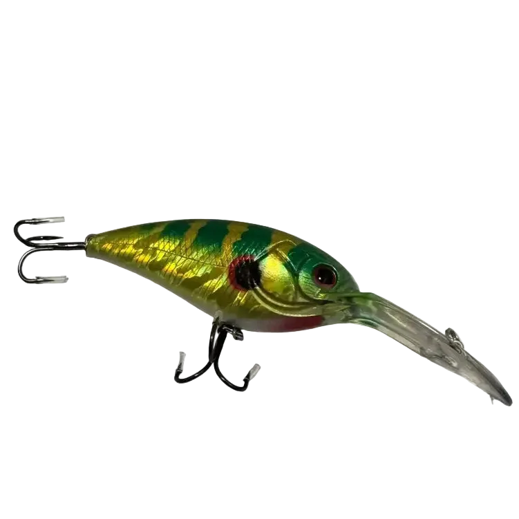 A shiny metallic green and yellow käärijä wobbler fishing lure designed for suurahven 7.5cm 24g