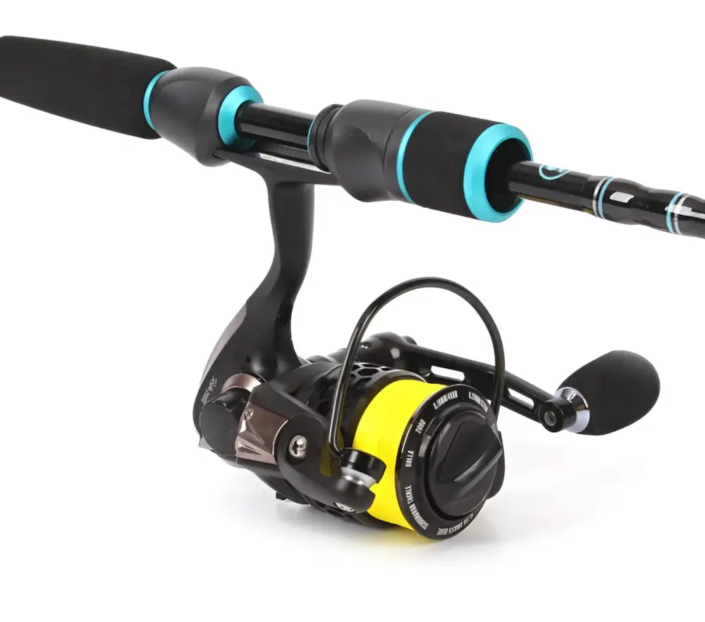 Black and bright yellow aapo ahven fishing reel with teal handle accents for 207cm carbon jigging rod