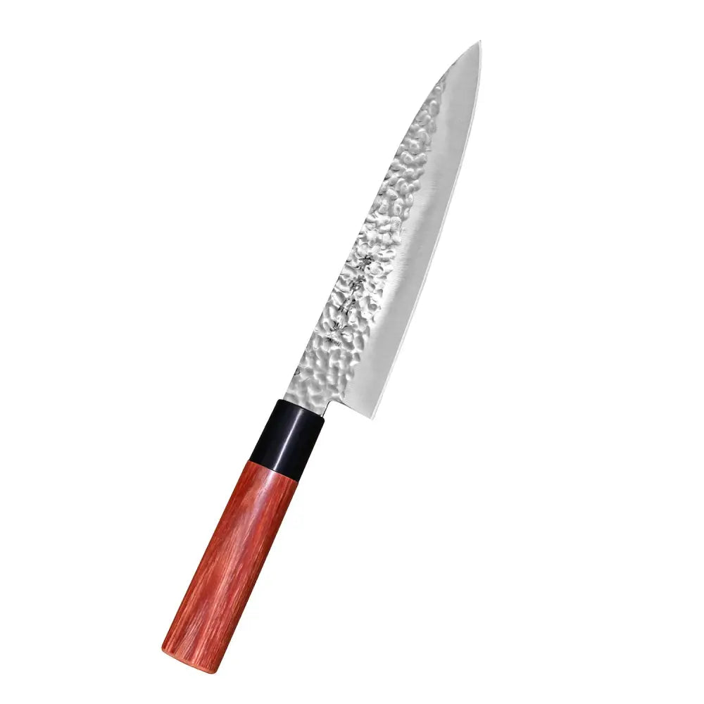 A sleek hammered stainless steel kanetsune seki kc-950 kokkiveitsi knife with reddish-brown wooden handle and black bolster