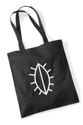 Musta kangaskassi valkoisella aurinkokierron tai kilven tyylitellyllä viivalogolla kirkkovene-mallissa