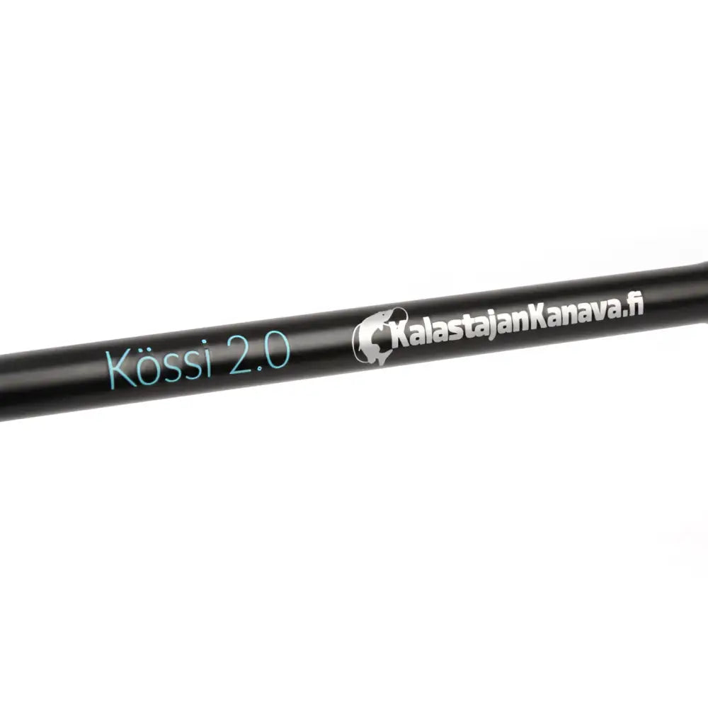 Black carbon fiber kössi 2.0 kuhavapa 223cm 10-30g with light blue kalastajankanava.fi branding and sleek design