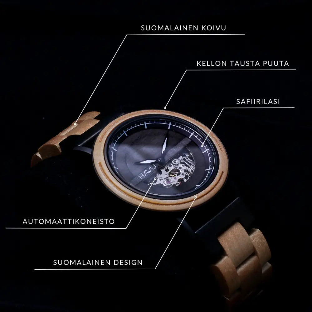 Korpi 40mm kevyt ruskea puinen kellon automaattiveto ja mustat yksityiskohdat läpinäkyvällä kellotaululla