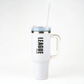 White insulated iso termosmuki with handle featuring black league finland text and light blue lid with clear straw