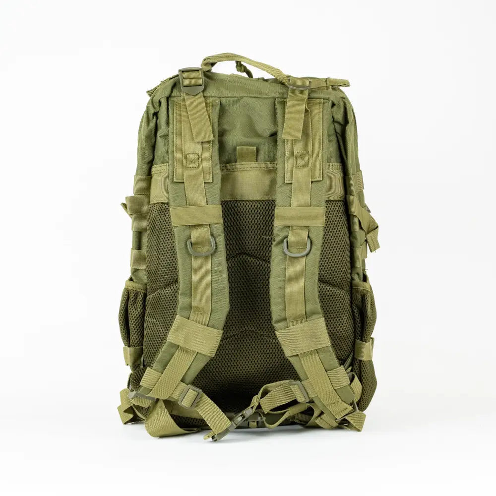 Olive green tactical backpack with mesh panels and adjustable straps shown from the back for league patch backbag urheilureppu 45l