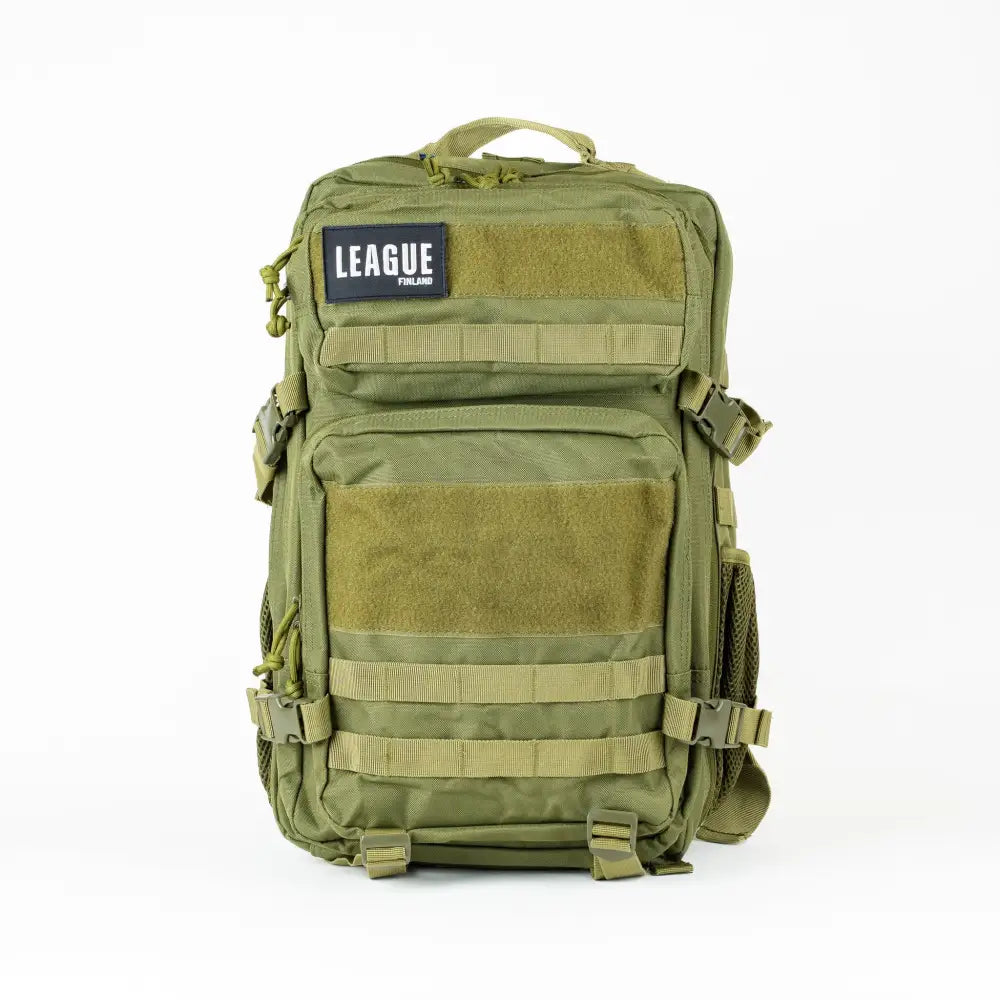 Olive green tactical backpack with multiple compartments and a black league finland patch in league patch backbag urheilureppu 45l