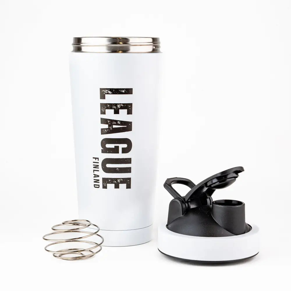 White stainless steel league finland termos shaker 0,75l cup with black lid and silver coil whisk