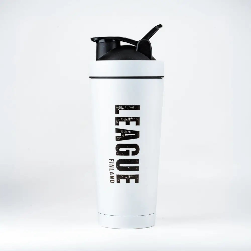 White insulated termos shaker 0,75l with black lid and bold league finland text in distressed font