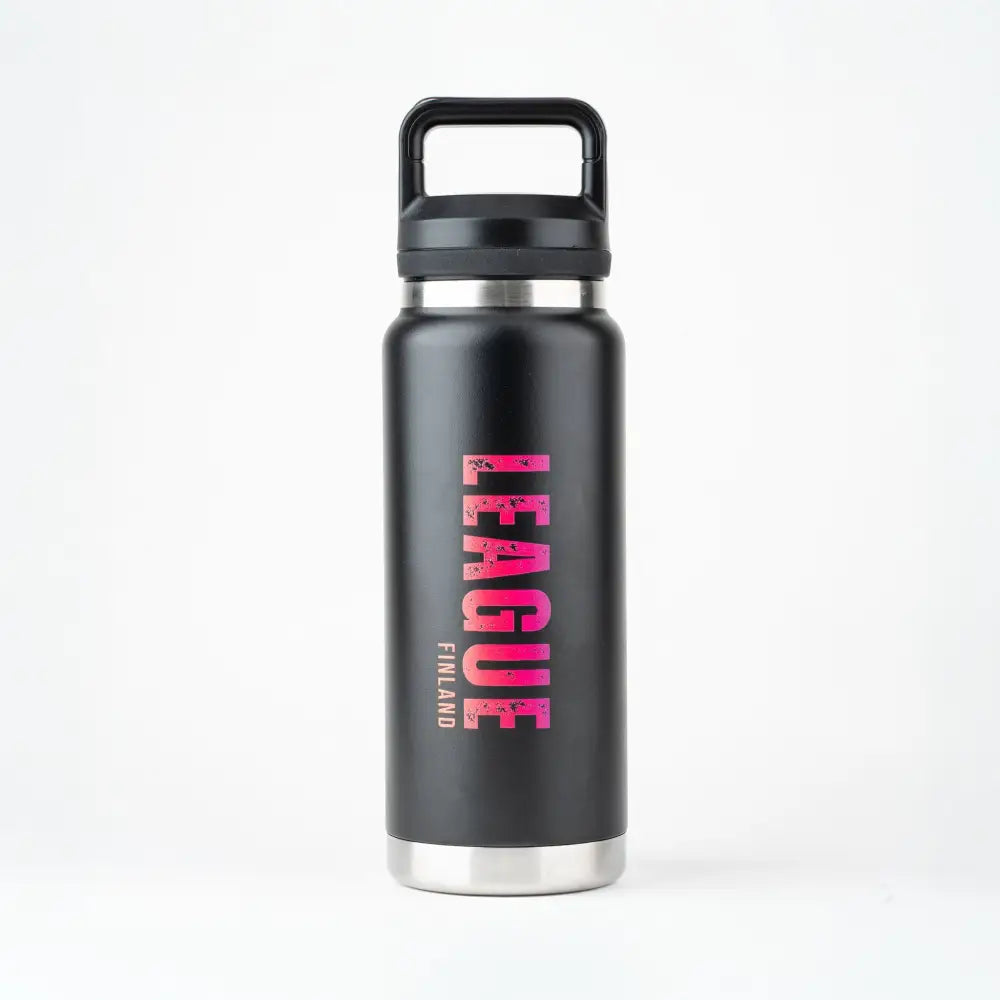 Black insulated stainless steel water bottle league finland logo pink magenta with handle leagu termospullo 0,8l