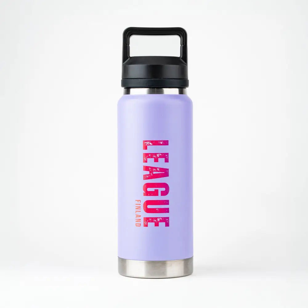 Purple insulated termospullo league finland -tekstillä mustalla kahvallisella kannella ja hopeisella pohjalla