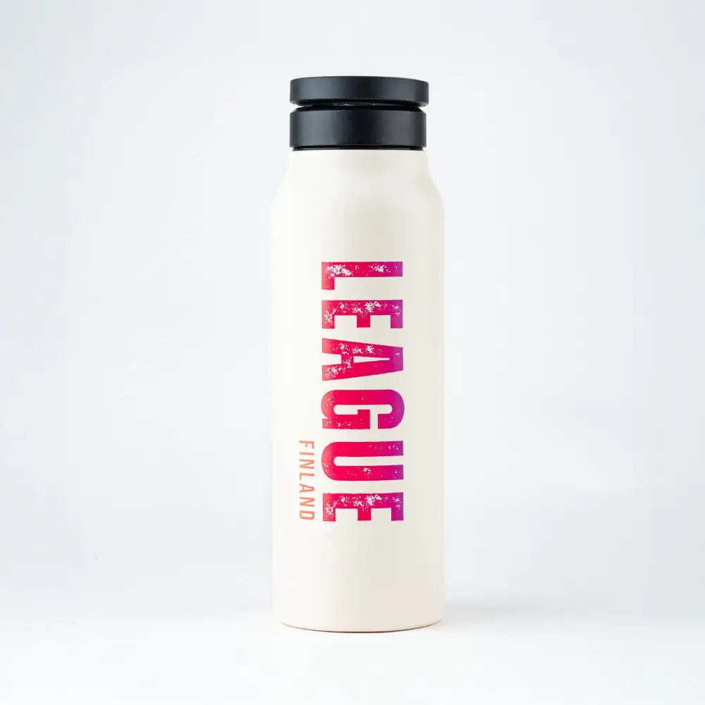 Cream-colored insulated steel LEAGUE Termospullo MagSafe 0,7L with black lid and pink purple league finland text
