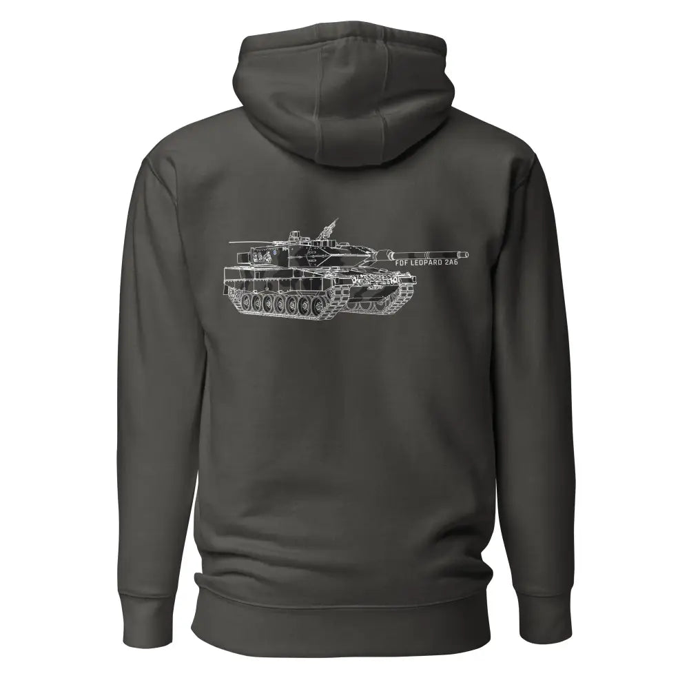 Darkharmaa huppari jossa valkoinen leopard 2a6 panssarivaunun viivapiirros takana leopard 2a6 huppari tuotteessa